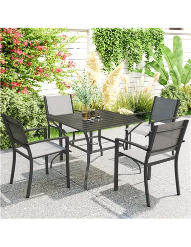 Outsunny 94 x 94 cm Garden Table with Parasol Hole, Outdoor Dining Garden Table for Four with Slatted Metal Plate Top, Dark Grey