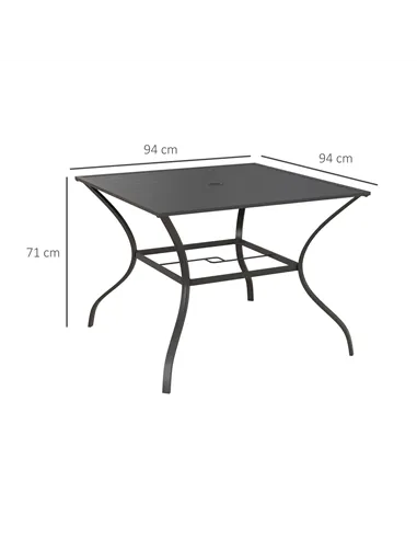 Outsunny 94 x 94 cm Garden Table with Parasol Hole, Outdoor Dining Garden Table for Four with Slatted Metal Plate Top, Dark Grey