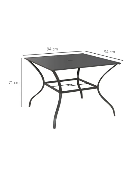 Outsunny 94 x 94 cm Garden Table with Parasol Hole, Outdoor Dining Garden Table for Four with Slatted Metal Plate Top, Dark Grey