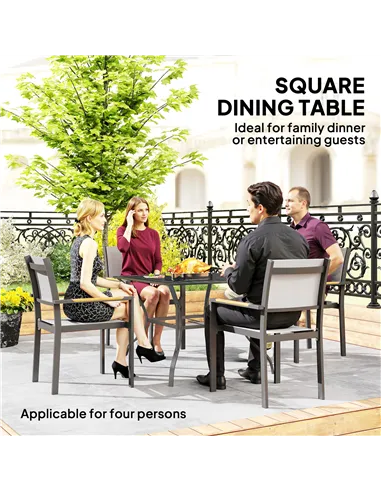 Outsunny 94 x 94 cm Garden Table with Parasol Hole, Outdoor Dining Garden Table for Four with Slatted Metal Plate Top, Dark Grey