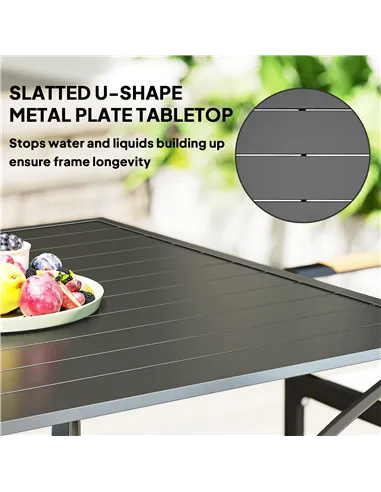 Outsunny 94 x 94 cm Garden Table with Parasol Hole, Outdoor Dining Garden Table for Four with Slatted Metal Plate Top, Dark Grey