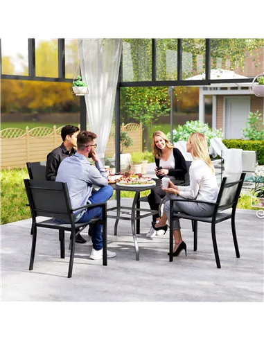 Outsunny 94 x 94 cm Garden Table with Parasol Hole, Outdoor Dining Garden Table for Four with Slatted Metal Plate Top, Dark Grey