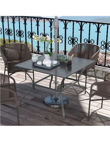 Outsunny 94 x 94 cm Garden Table with Parasol Hole, Outdoor Dining Garden Table for Four with Slatted Metal Plate Top, Dark Grey