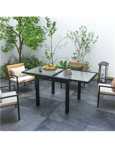 Outsunny Extending Garden Table, Outdoor Dining Table with Aluminium Frame and Tempered Glass Tabletop, 80/160 x 80 x 75 cm, Bla