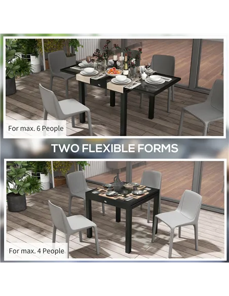 Outsunny Extending Garden Table, Outdoor Dining Table with Aluminium Frame and Tempered Glass Tabletop, 80/160 x 80 x 75 cm, Bla
