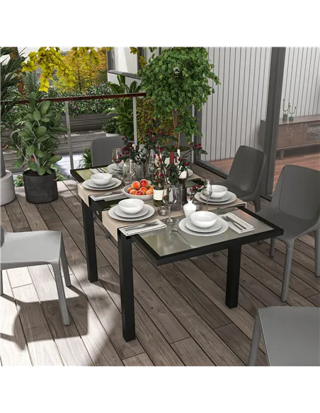 Outsunny Extending Garden Table, Outdoor Dining Table with Aluminium Frame and Tempered Glass Tabletop, 80/160 x 80 x 75 cm, Bla
