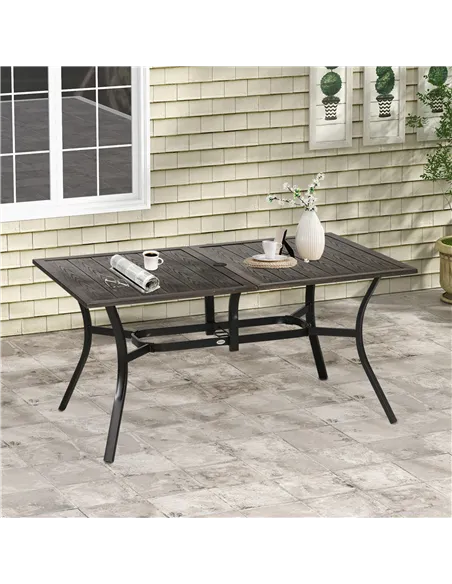 Outsunny Six-Seater Steel Garden Table, with ⌀41mm Parasol Hole - Wood-Effect