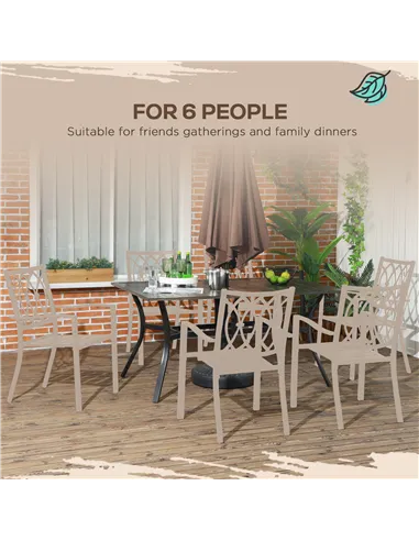 Outsunny Six-Seater Steel Garden Table, with ⌀41mm Parasol Hole - Wood-Effect