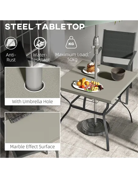 Outsunny Four-Seater Steel Garden Table, with Parasol Hole - Grey/Black