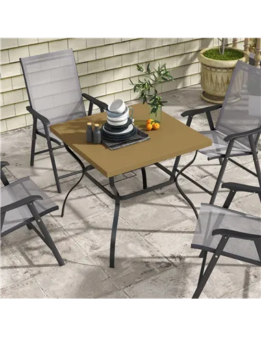 Outsunny Four-Seater Steel Garden Table, with Parasol Hole - Brown/Black
