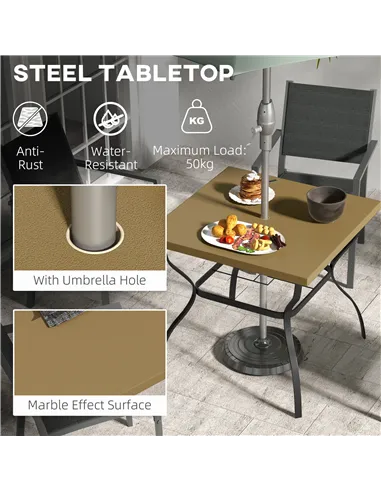 Outsunny Four-Seater Steel Garden Table, with Parasol Hole - Brown/Black
