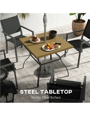 Outsunny Four-Seater Steel Garden Table, with Parasol Hole - Brown/Black