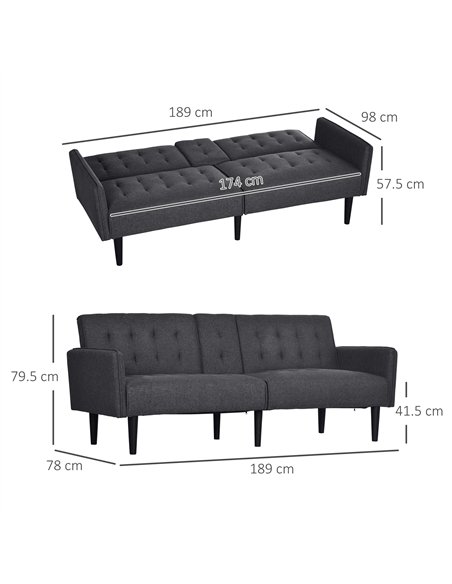 HOMCOM Three-Seater Sofa Bed, with Cupholders - Grey