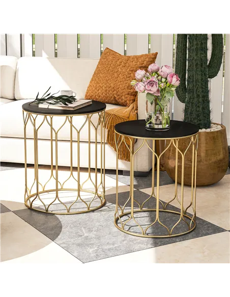 Outsunny Round Coffee Table Set of 2, Modern Nesting Tables with Ceramic Tile Top, Small End Tables, Indoor Outdoor Side Table w