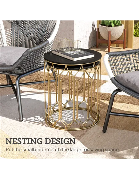 Outsunny Round Coffee Table Set of 2, Modern Nesting Tables with Ceramic Tile Top, Small End Tables, Indoor Outdoor Side Table w