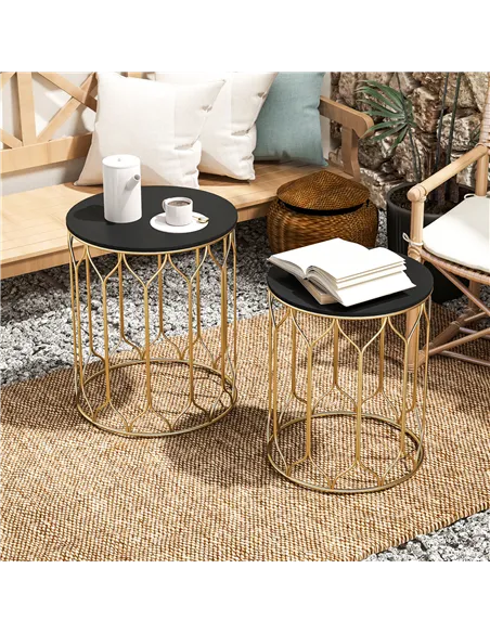 Outsunny Round Coffee Table Set of 2, Modern Nesting Tables with Ceramic Tile Top, Small End Tables, Indoor Outdoor Side Table w