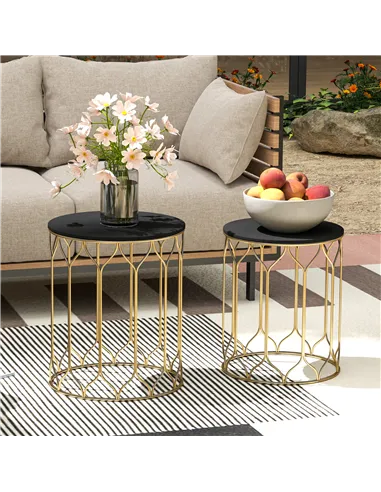 Outsunny Round Coffee Table Set of 2, Modern Nesting Tables with Ceramic Tile Top, Small End Tables, Indoor Outdoor Side Table w
