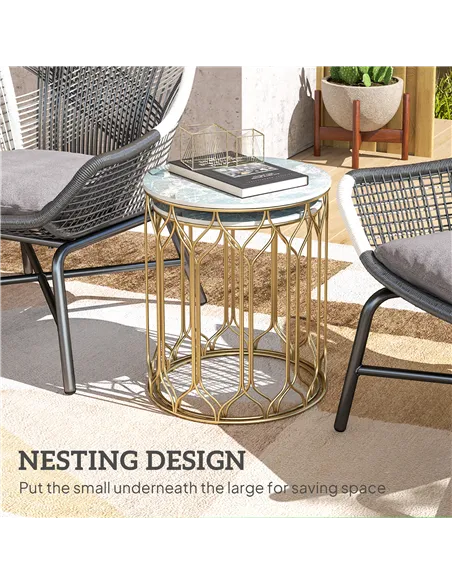 Outsunny Round Coffee Table Set of 2, Modern Nesting Tables with Ceramic Tile Top, Small End Tables, Indoor Outdoor Side Table w