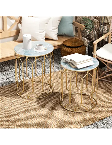 Outsunny Round Coffee Table Set of 2, Modern Nesting Tables with Ceramic Tile Top, Small End Tables, Indoor Outdoor Side Table w