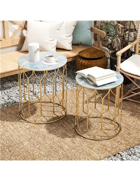 Outsunny Round Coffee Table Set of 2, Modern Nesting Tables with Ceramic Tile Top, Small End Tables, Indoor Outdoor Side Table w