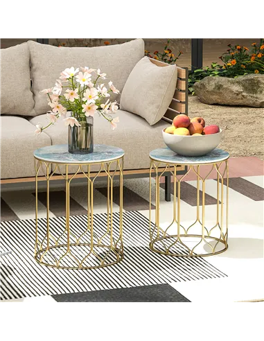 Outsunny Round Coffee Table Set of 2, Modern Nesting Tables with Ceramic Tile Top, Small End Tables, Indoor Outdoor Side Table w