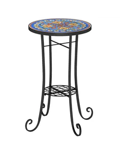 Outsunny Mosaic Garden Table, 35.5 cm Round Outdoor Table with Shelf, Ceramic Tile Top, Small Garden Side Table Bistro Table End