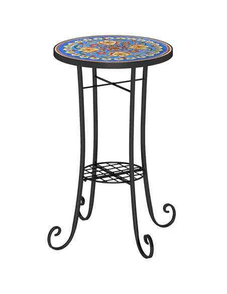 Outsunny Mosaic Garden Table, 35.5 cm Round Outdoor Table with Shelf, Ceramic Tile Top, Small Garden Side Table Bistro Table End