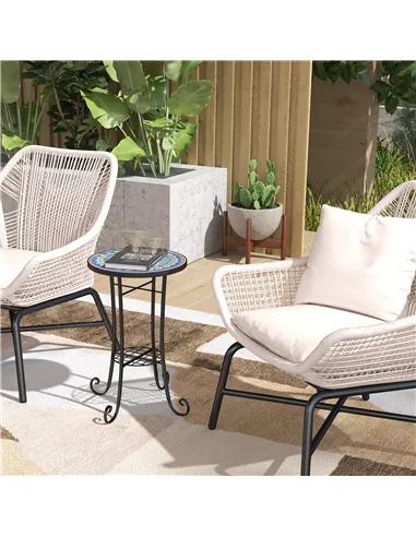 Outsunny Mosaic Garden Table, 35.5 cm Round Outdoor Table with Shelf, Ceramic Tile Top, Small Garden Side Table Bistro Table End