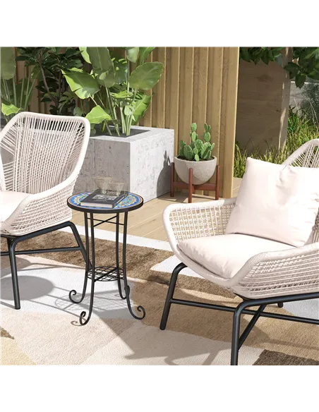 Outsunny Mosaic Garden Table, 35.5 cm Round Outdoor Table with Shelf, Ceramic Tile Top, Small Garden Side Table Bistro Table End