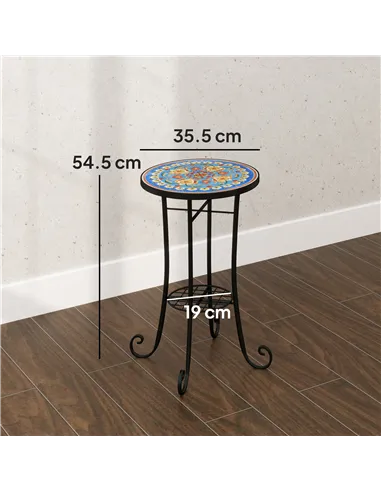 Outsunny Mosaic Garden Table, 35.5 cm Round Outdoor Table with Shelf, Ceramic Tile Top, Small Garden Side Table Bistro Table End