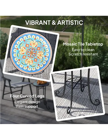 Outsunny Mosaic Garden Table, 35.5 cm Round Outdoor Table with Shelf, Ceramic Tile Top, Small Garden Side Table Bistro Table End