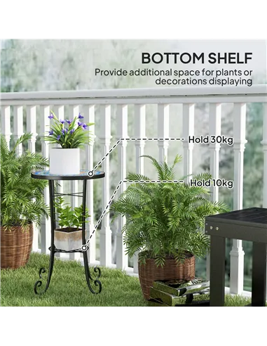 Outsunny Mosaic Garden Table, 35.5 cm Round Outdoor Table with Shelf, Ceramic Tile Top, Small Garden Side Table Bistro Table End