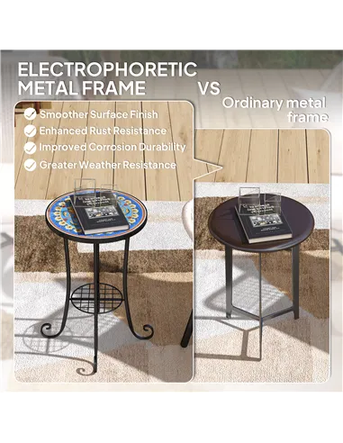 Outsunny Mosaic Garden Table, 35.5 cm Round Outdoor Table with Shelf, Ceramic Tile Top, Small Garden Side Table Bistro Table End