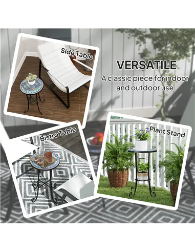 Outsunny Mosaic Garden Table, 35.5 cm Round Outdoor Table with Shelf, Ceramic Tile Top, Small Garden Side Table Bistro Table End