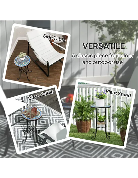 Outsunny Mosaic Garden Table, 35.5 cm Round Outdoor Table with Shelf, Ceramic Tile Top, Small Garden Side Table Bistro Table End