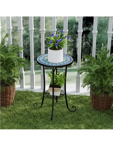 Outsunny Mosaic Garden Table, 35.5 cm Round Outdoor Table with Shelf, Ceramic Tile Top, Small Garden Side Table Bistro Table End