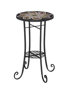 Outsunny Mosaic Garden Table, 35.5 cm Round Outdoor Table with Shelf, Ceramic Tile Top, Small Garden Side Table Bistro Table End