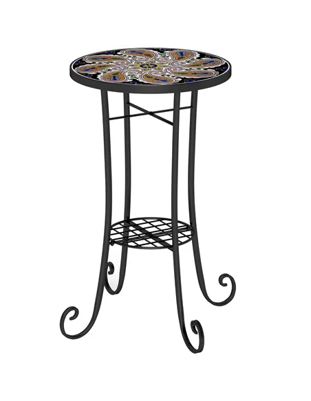 Outsunny Mosaic Garden Table, 35.5 cm Round Outdoor Table with Shelf, Ceramic Tile Top, Small Garden Side Table Bistro Table End