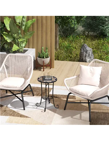 Outsunny Mosaic Garden Table, 35.5 cm Round Outdoor Table with Shelf, Ceramic Tile Top, Small Garden Side Table Bistro Table End