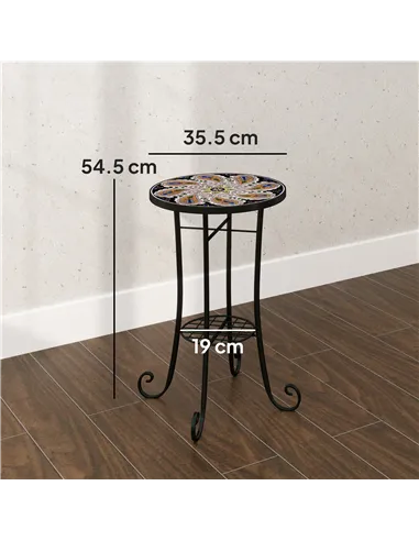 Outsunny Mosaic Garden Table, 35.5 cm Round Outdoor Table with Shelf, Ceramic Tile Top, Small Garden Side Table Bistro Table End