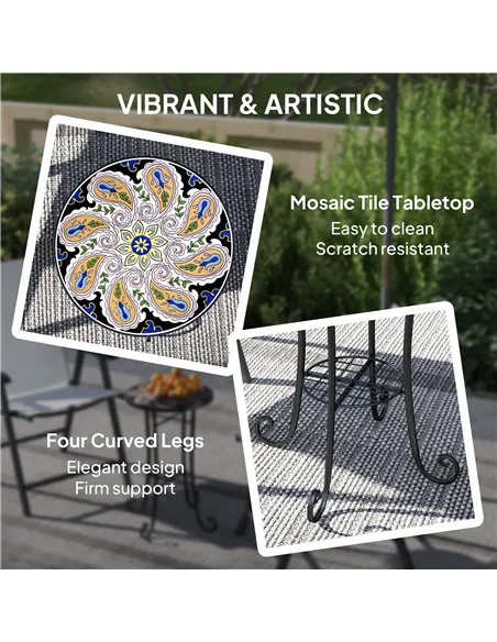 Outsunny Mosaic Garden Table, 35.5 cm Round Outdoor Table with Shelf, Ceramic Tile Top, Small Garden Side Table Bistro Table End