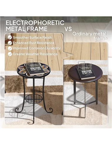 Outsunny Mosaic Garden Table, 35.5 cm Round Outdoor Table with Shelf, Ceramic Tile Top, Small Garden Side Table Bistro Table End