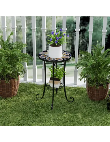 Outsunny Mosaic Garden Table, 35.5 cm Round Outdoor Table with Shelf, Ceramic Tile Top, Small Garden Side Table Bistro Table End