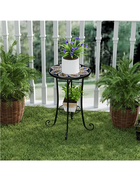Outsunny Mosaic Garden Table, 35.5 cm Round Outdoor Table with Shelf, Ceramic Tile Top, Small Garden Side Table Bistro Table End