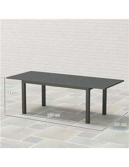 Outsunny Aluminium Extending Garden Table with Slatted Top for 6-8 Person, 160/220 x 90 x 73 cm, Grey
