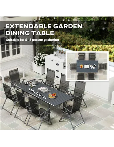 Outsunny Aluminium Extending Garden Table with Slatted Top for 6-8 Person, 160/220 x 90 x 73 cm, Grey