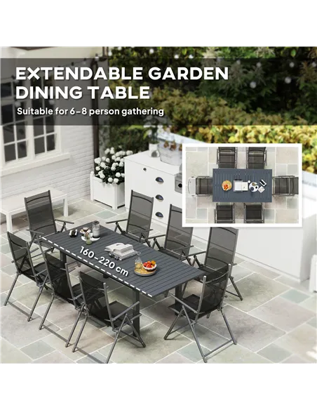 Outsunny Aluminium Extending Garden Table with Slatted Top for 6-8 Person, 160/220 x 90 x 73 cm, Grey