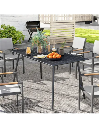 Outsunny Rectangle Garden Table with Slat Top, Steel Frame, Outdoor Table for 6 Person, 150 x 80 x 74 cm, Black