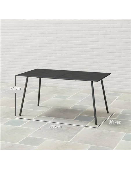 Outsunny Rectangle Garden Table with Slat Top, Steel Frame, Outdoor Table for 6 Person, 150 x 80 x 74 cm, Black