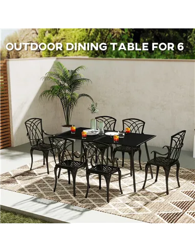 Outsunny Rectangle Garden Table with Slat Top, Steel Frame, Outdoor Table for 6 Person, 150 x 80 x 74 cm, Black